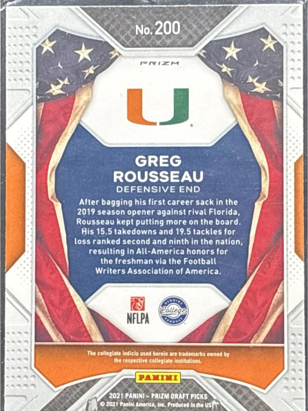 Panini Prizm Greg Rousseau Rookie Trading Card - Green Prizm